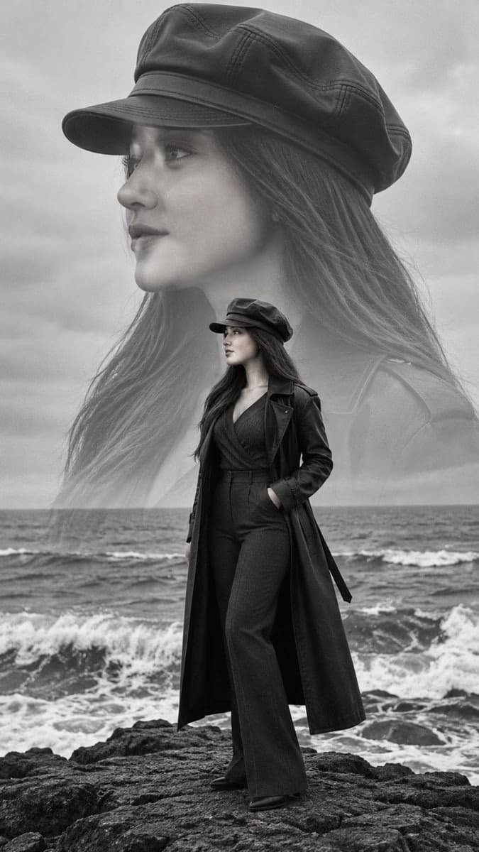 Monochrome Double Exposure Ocean Fashion Portrait