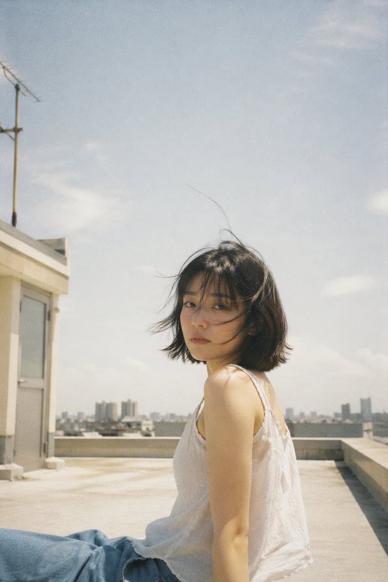 Rooftop summer portrait with nostalgic film aesthetic
