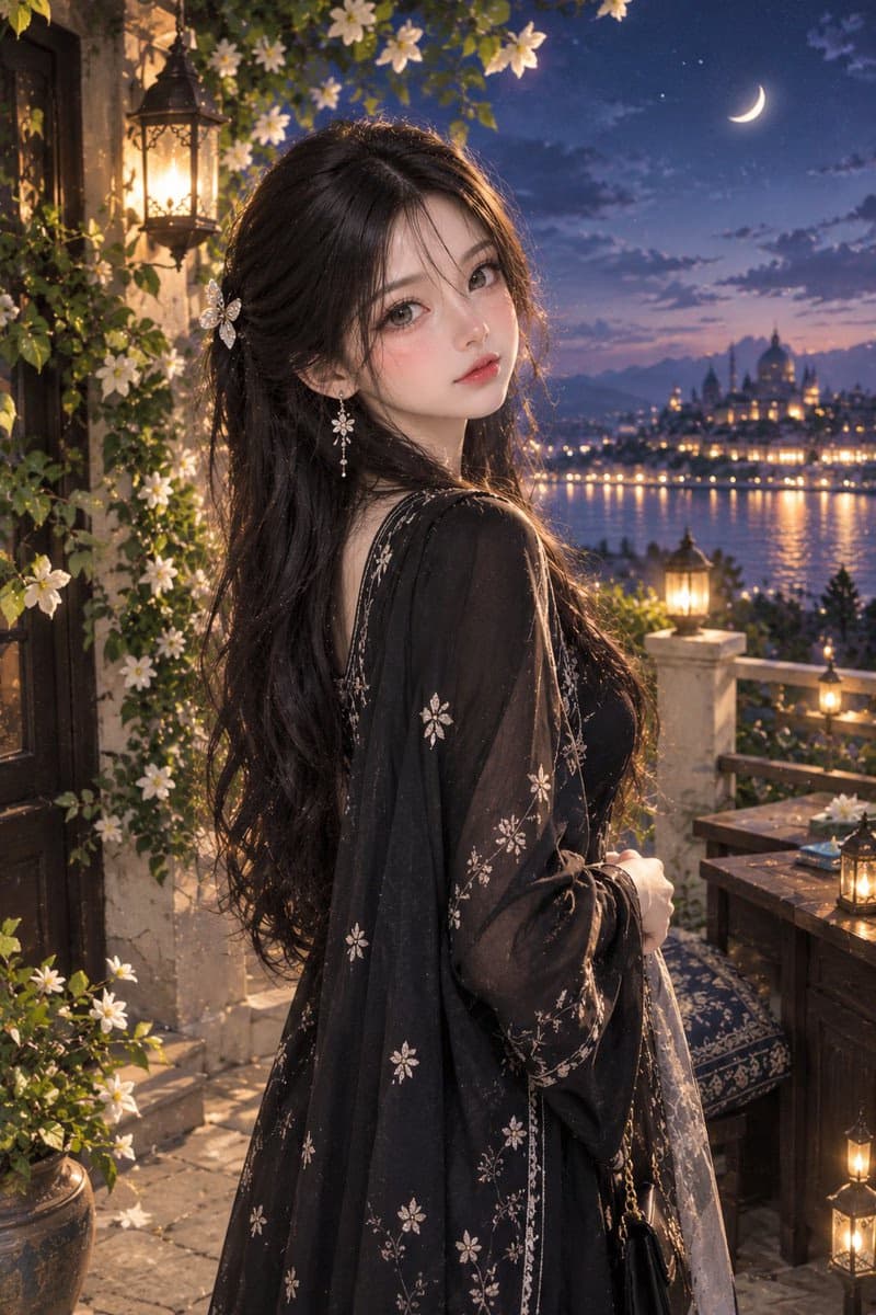 Twilight terrace portrait of woman by moonlit lake