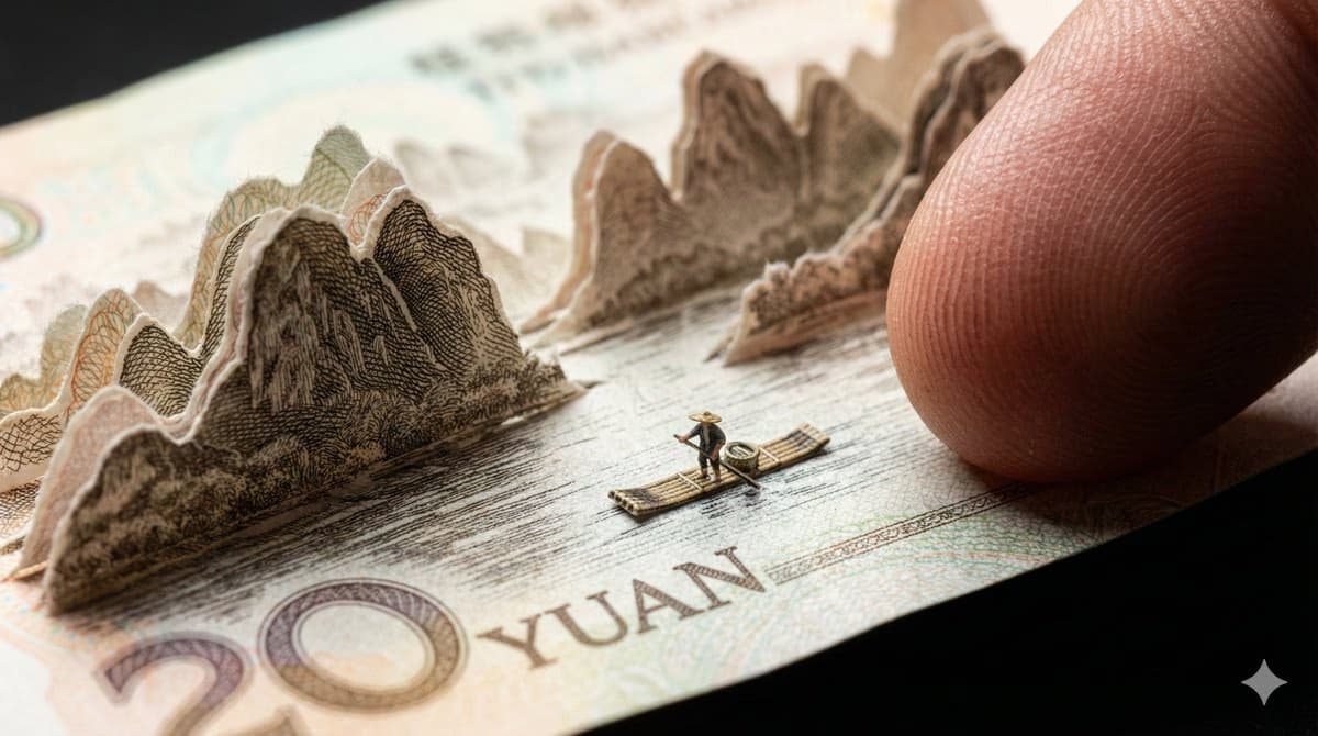 20元纸币微距：纸雕山水与微型竹筏