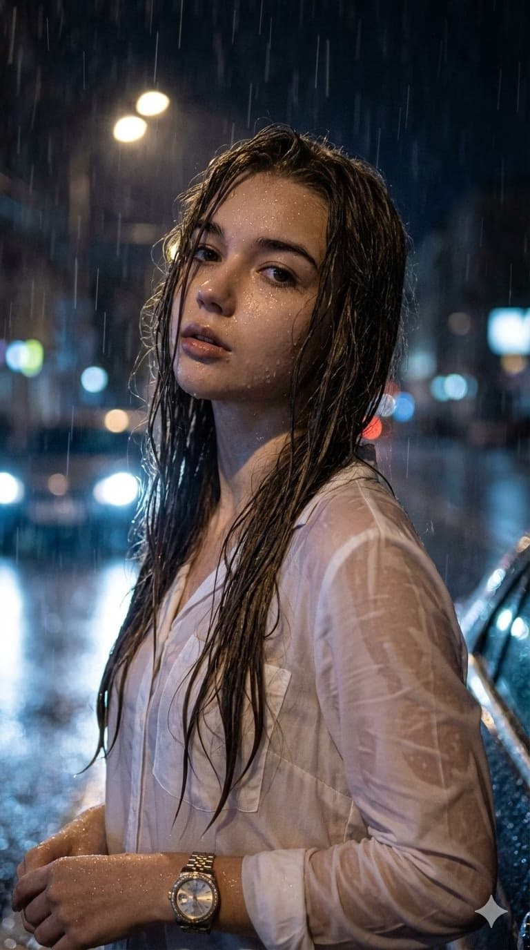 雨中站立女子，电影感夜景肖像