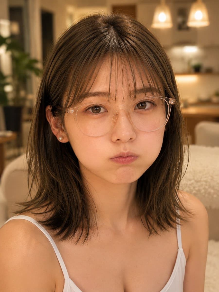 Warm indoor portrait of sulky woman in glasses
