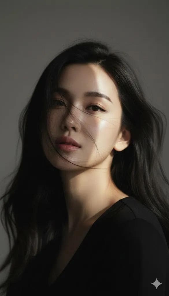 Windblown Korean Editorial Portrait with Hard Light