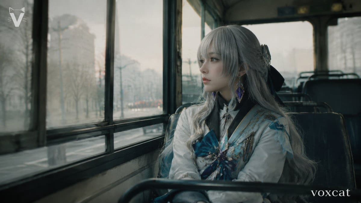 Cosplayer on Rainy City Bus