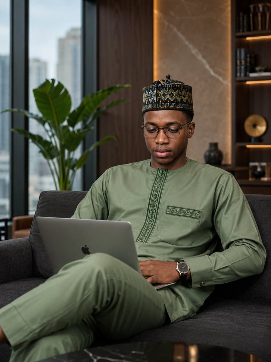 Elegant Man in Green Kaftan with Laptop in Executive Lounge
