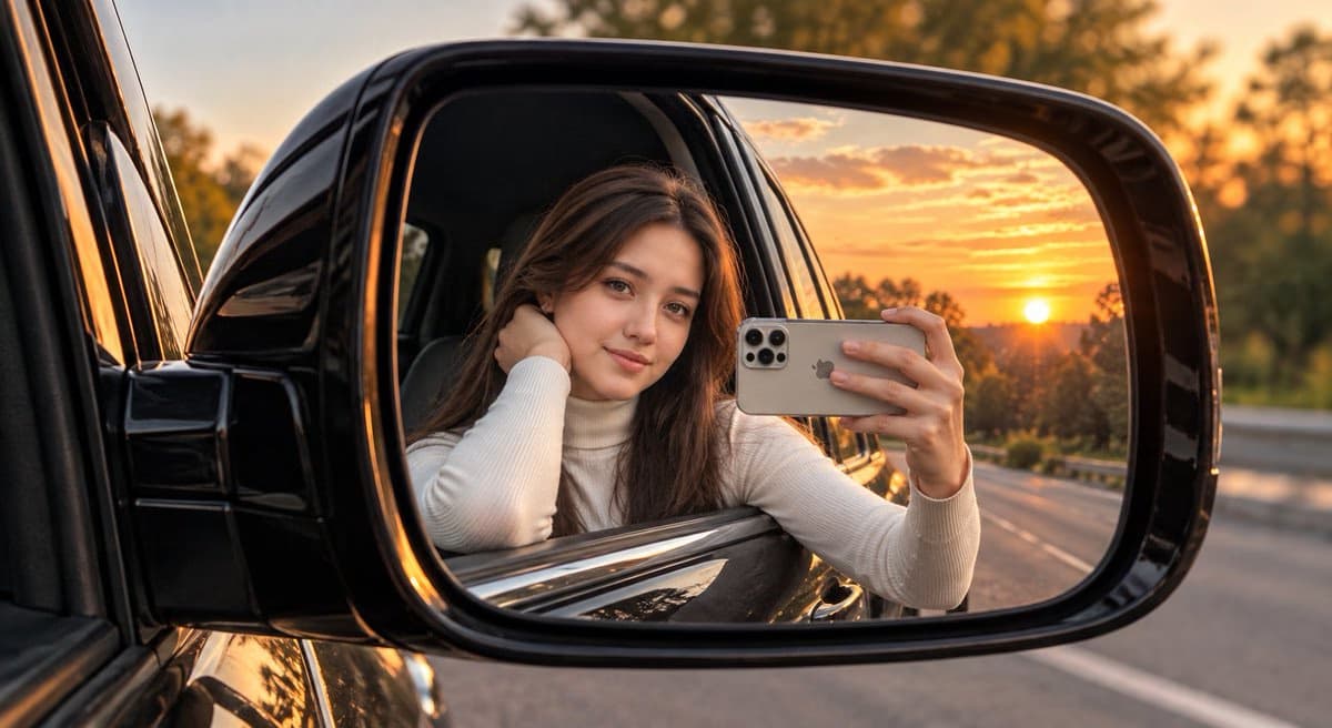 Woman Selfie in Car Mirror Reflection