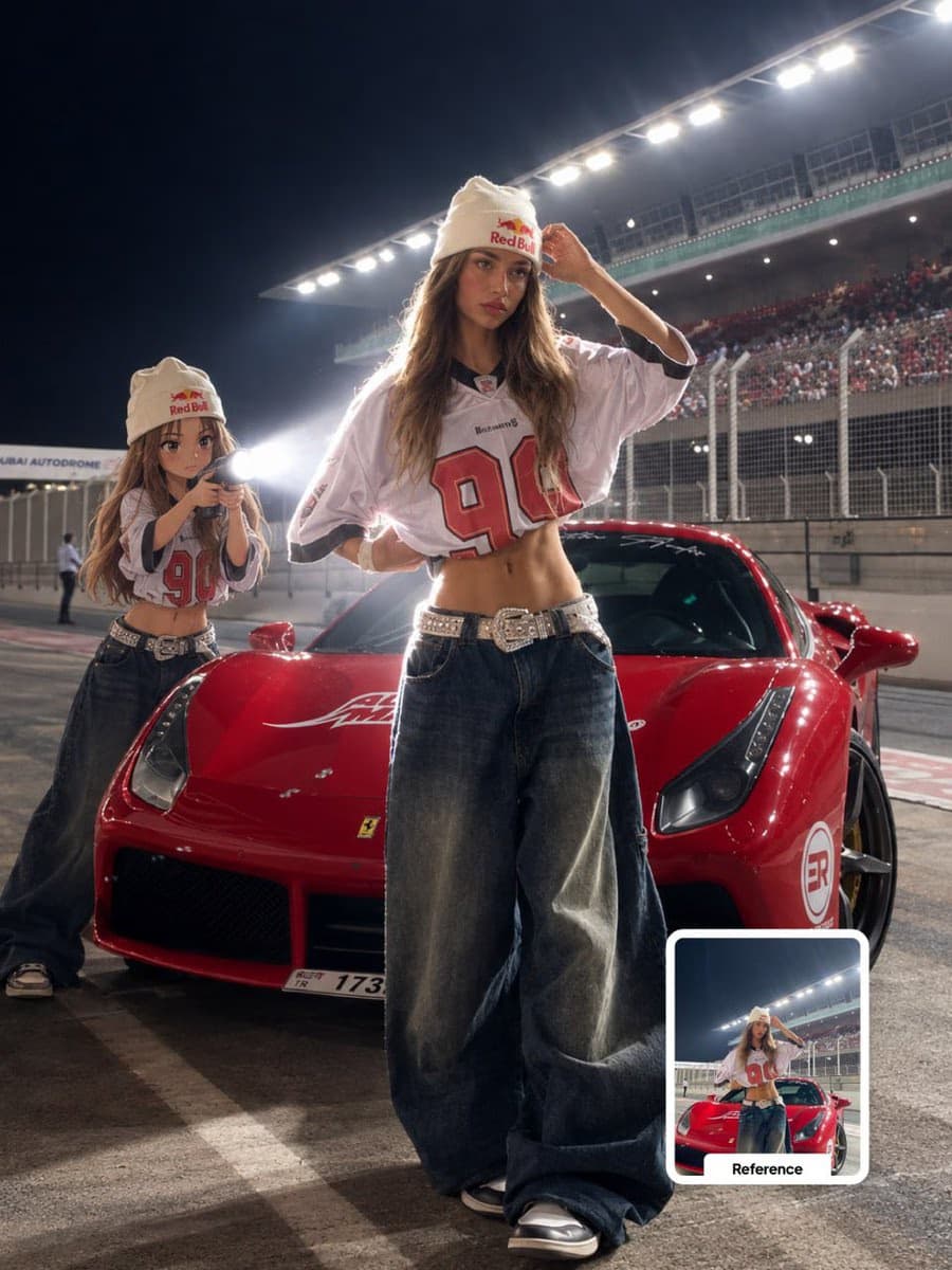Realistic Photo with Mini Anime Self Holding Flashlight Behind