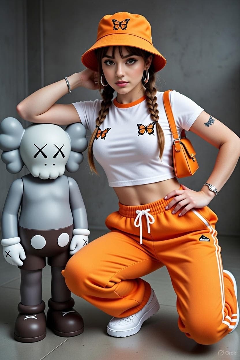 Fashion editorial with orange streetwear and KAWS figure
