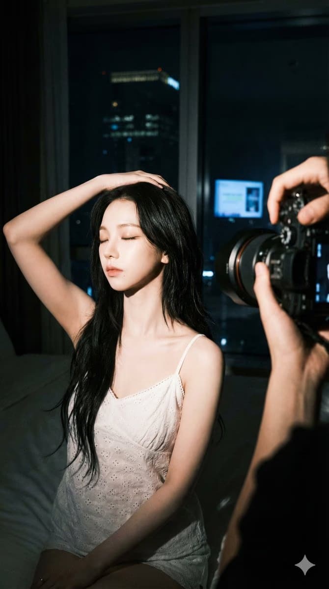 Karina在优雅幕后拍摄中