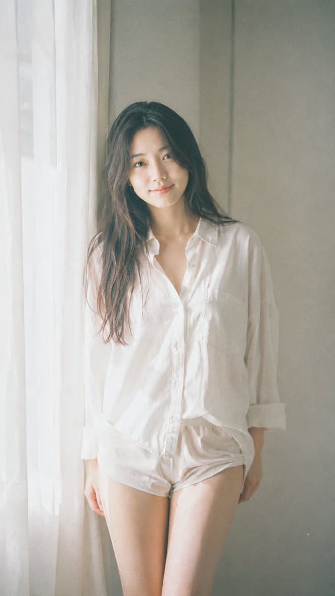 Young woman by window, minimalist Japanese film photography