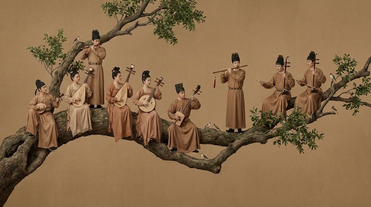 唐代宫廷乐团在阿甘树枝上