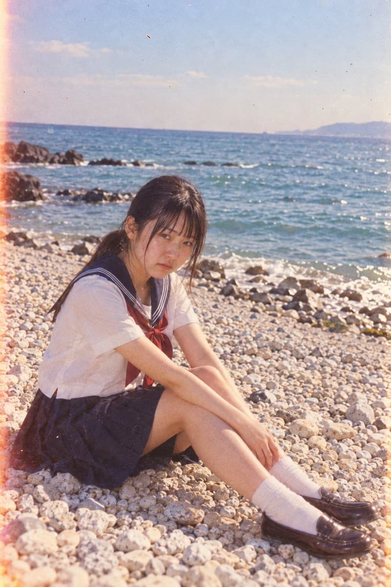 Retro Film Portrait of Girl in Sailor Uniform on Beach