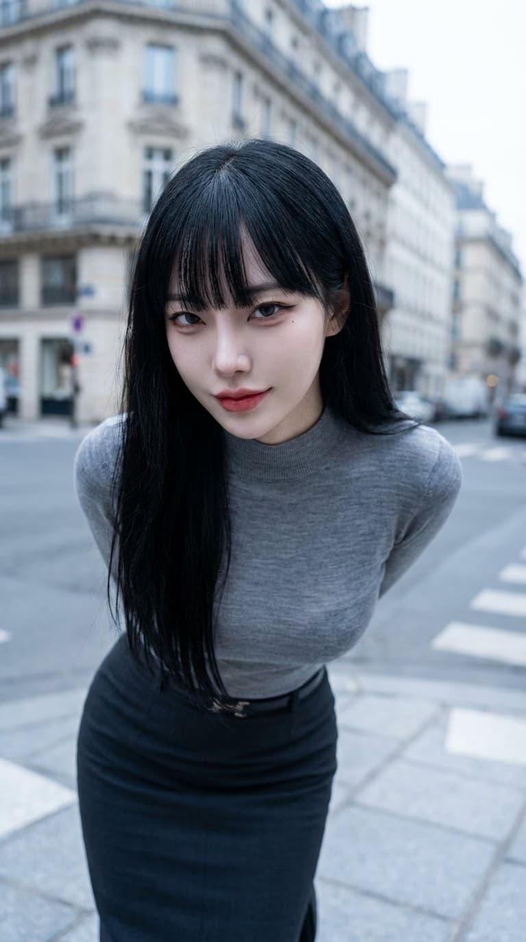 Chic Asian Influencer in Sleek Knit