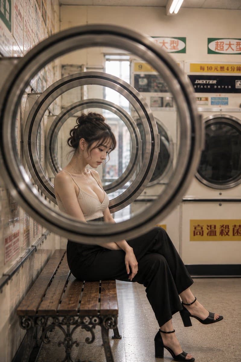 Woman on Bench in Dryer Circle