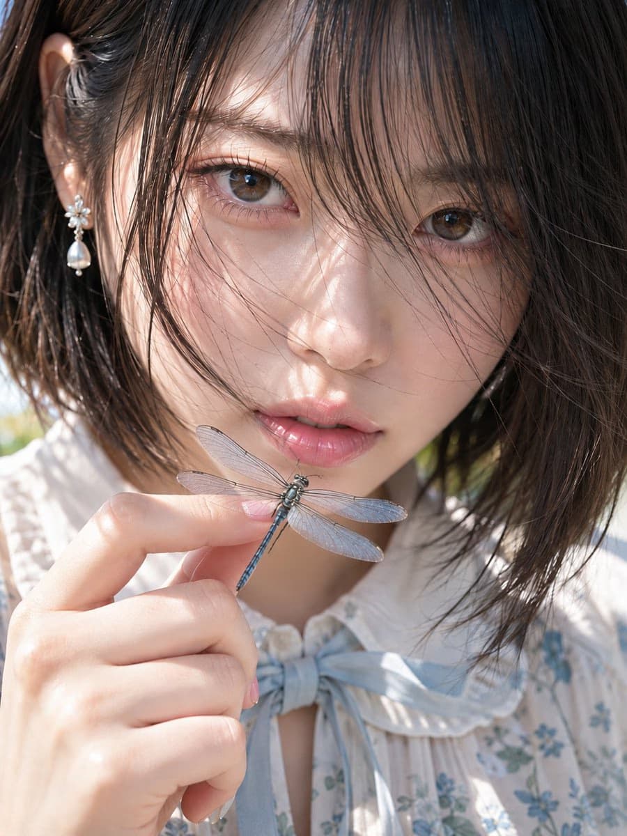 Close-up portrait of woman holding blue dragonfly