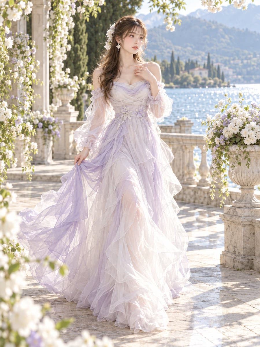 Woman in Lilac Dress at Mediterranean Lakeside Garden
