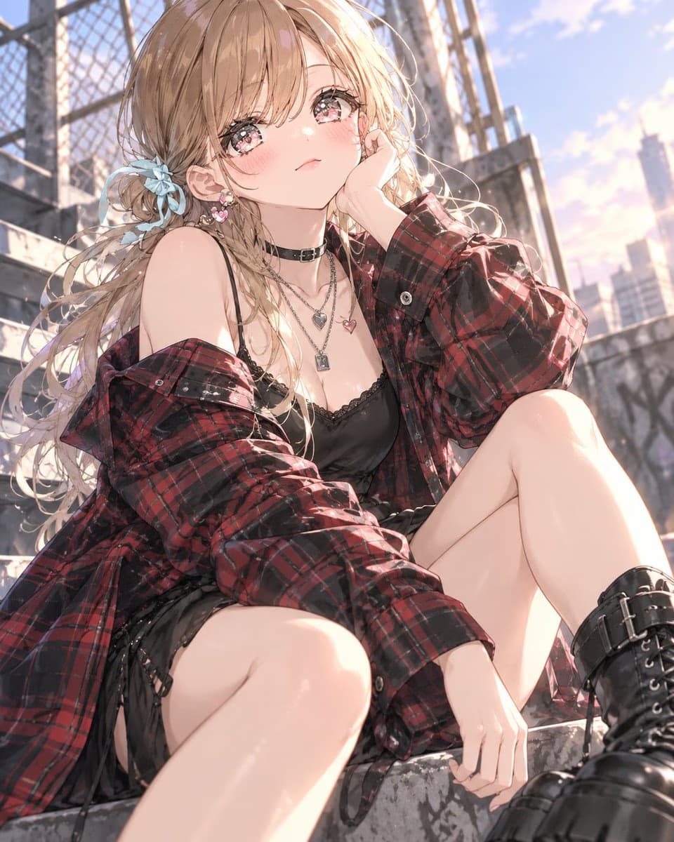 Oversized Tartan Flannel Over Black Slip Dress