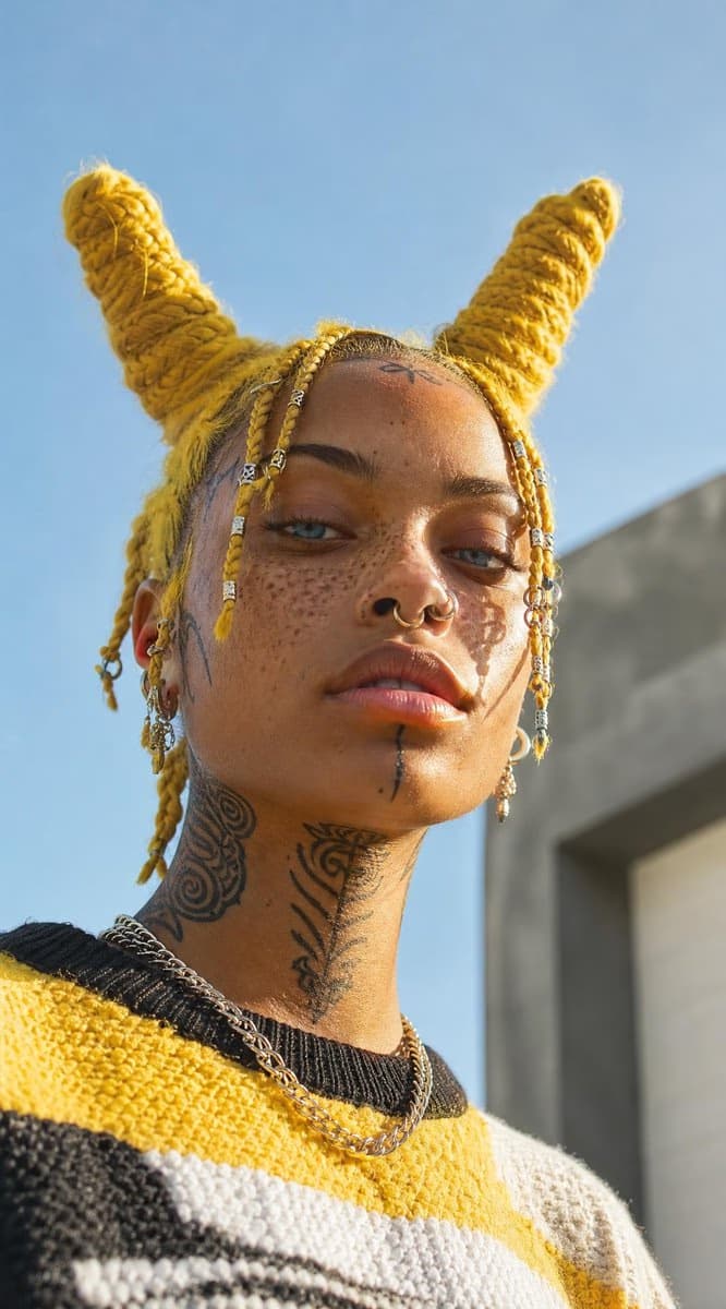 Low-Angle Portrait of Woman with Yarn Horns