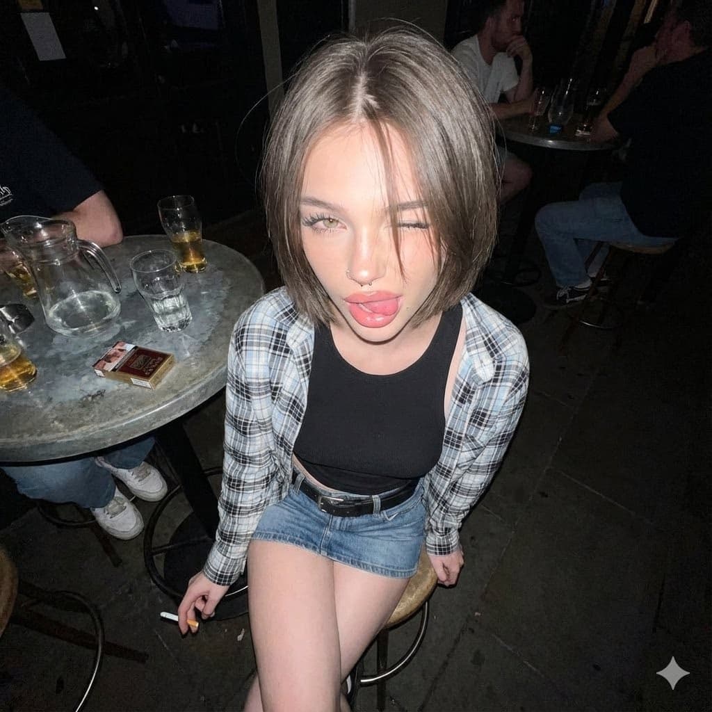 Playful Woman Winking at Bar with Cigarette