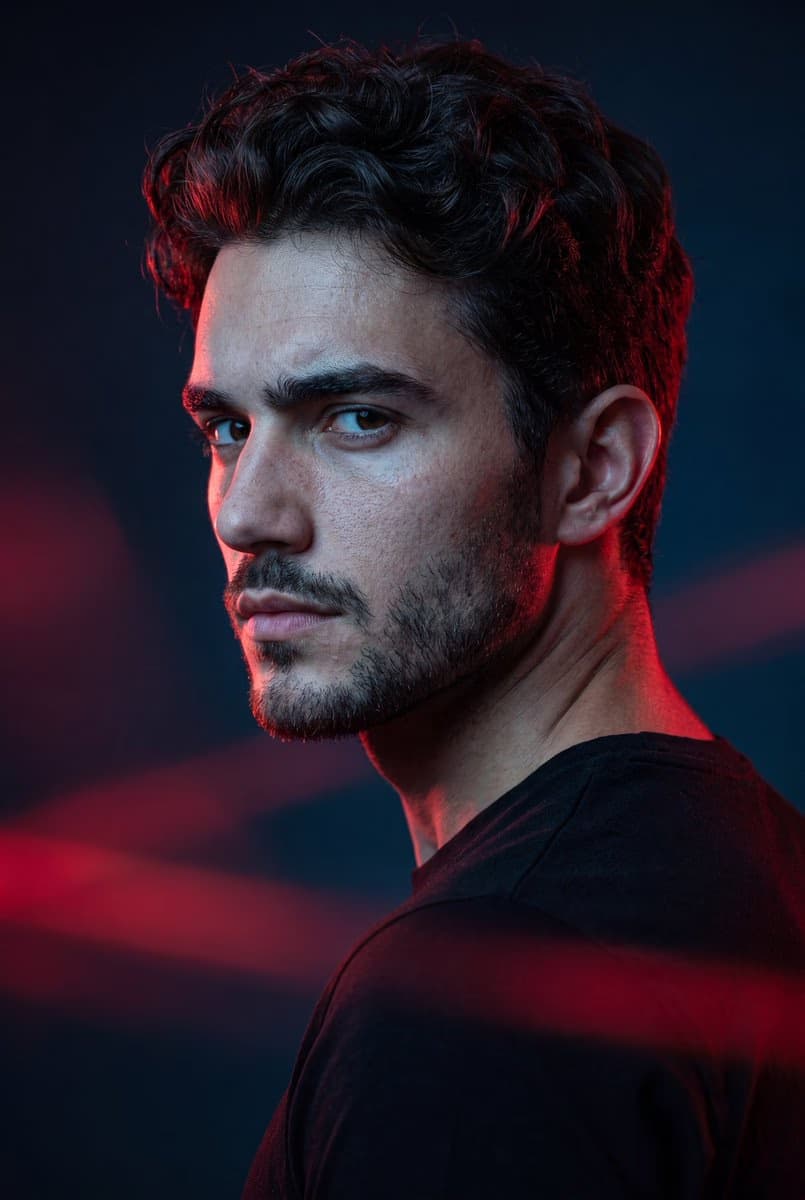 Dramatic portrait with red rim lighting