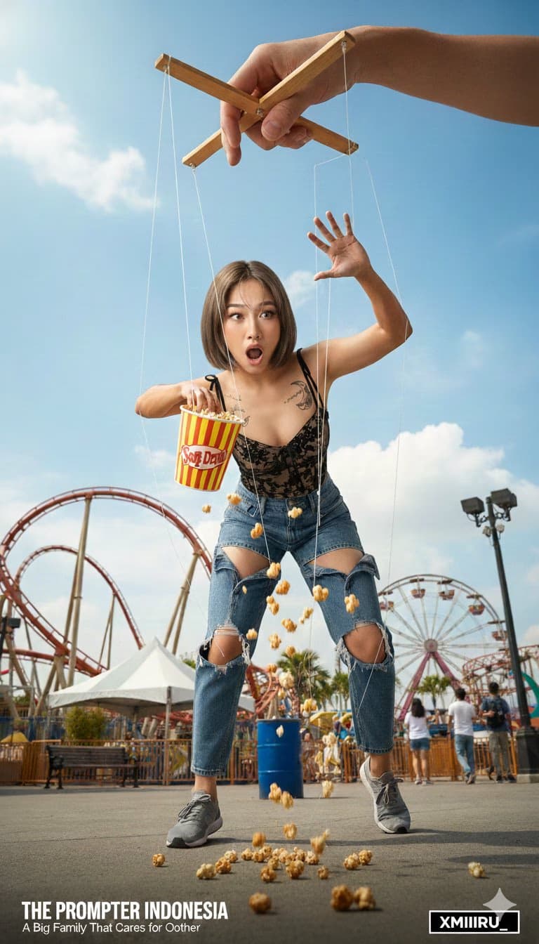 Asian man as marionette spilling popcorn