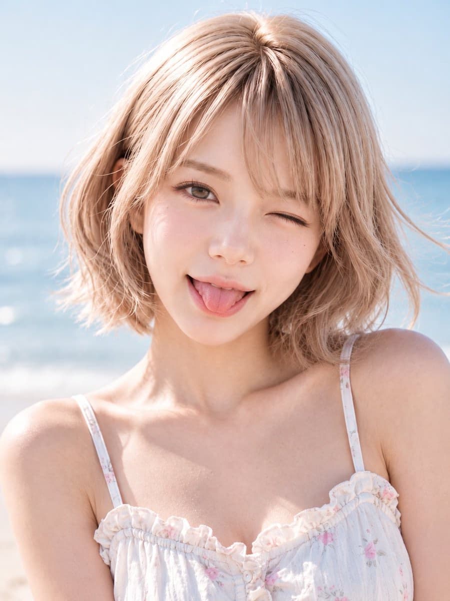 女子俏皮眨眼海滩人像