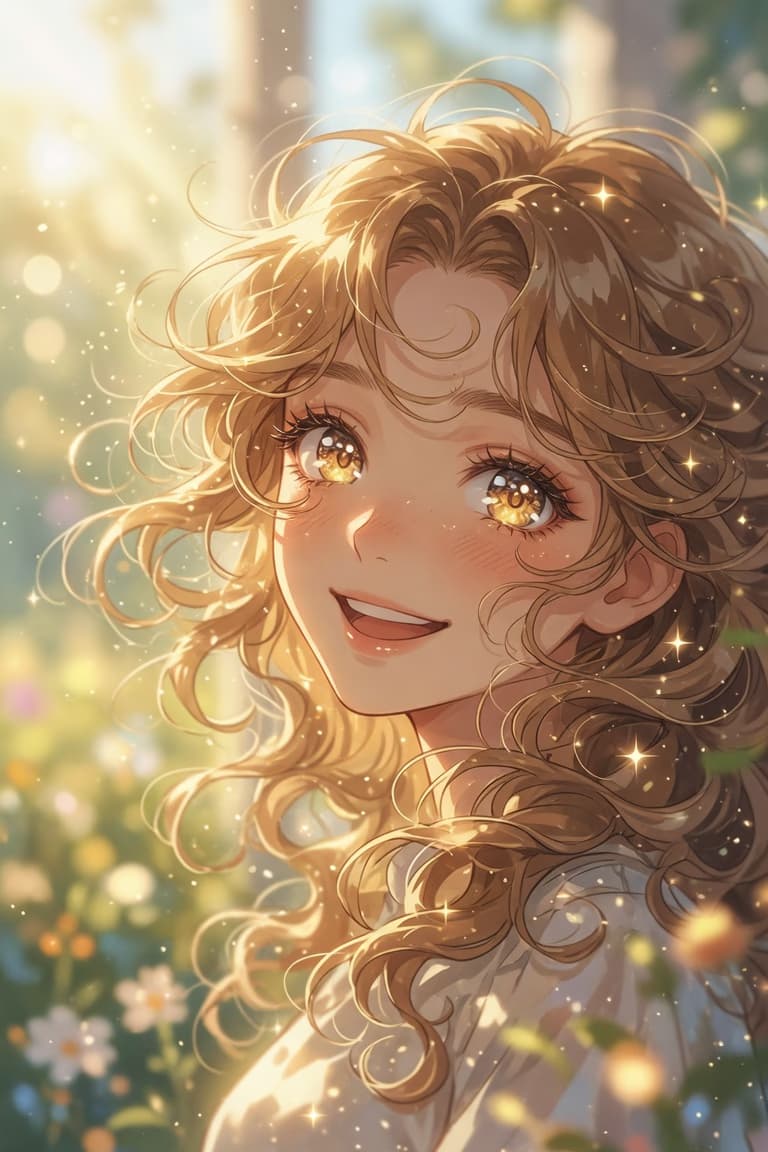 Joyful Golden-Haired Girl in Sunlit Garden Anime Portrait