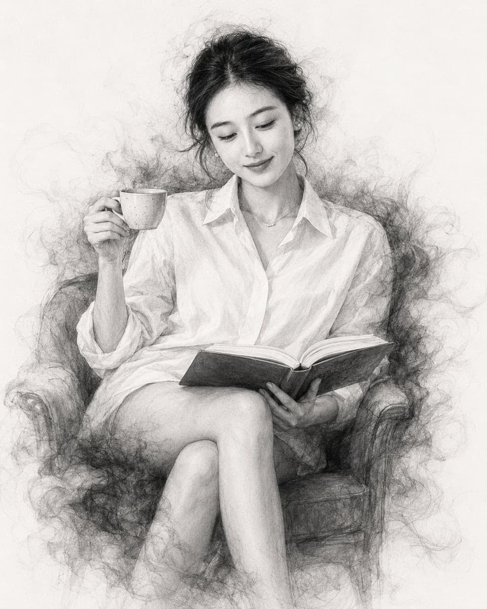 Monochrome Sketch Portrait Reading with Coffee