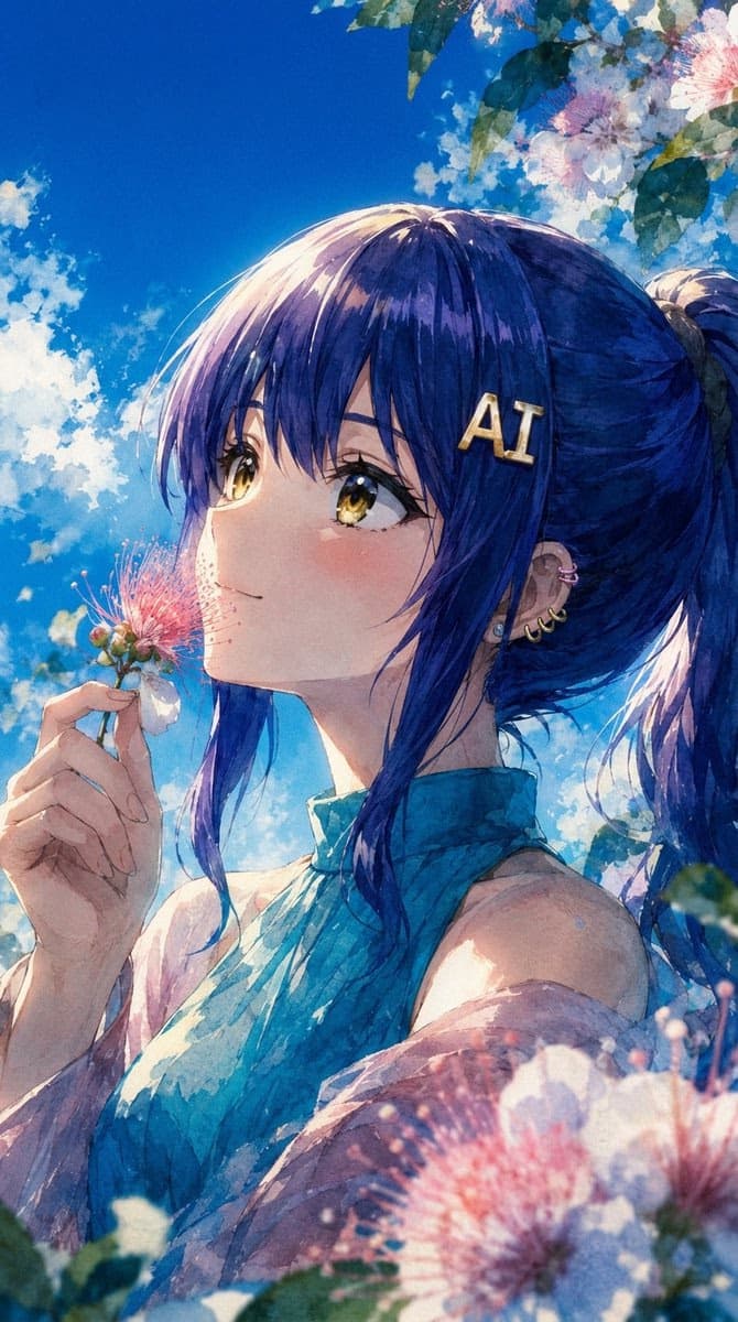 含合欢花的动漫水彩肖像