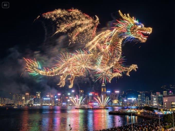 城市水岸上空主题形状的烟花