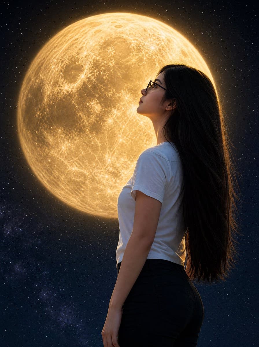 女子凝视巨大金色月亮