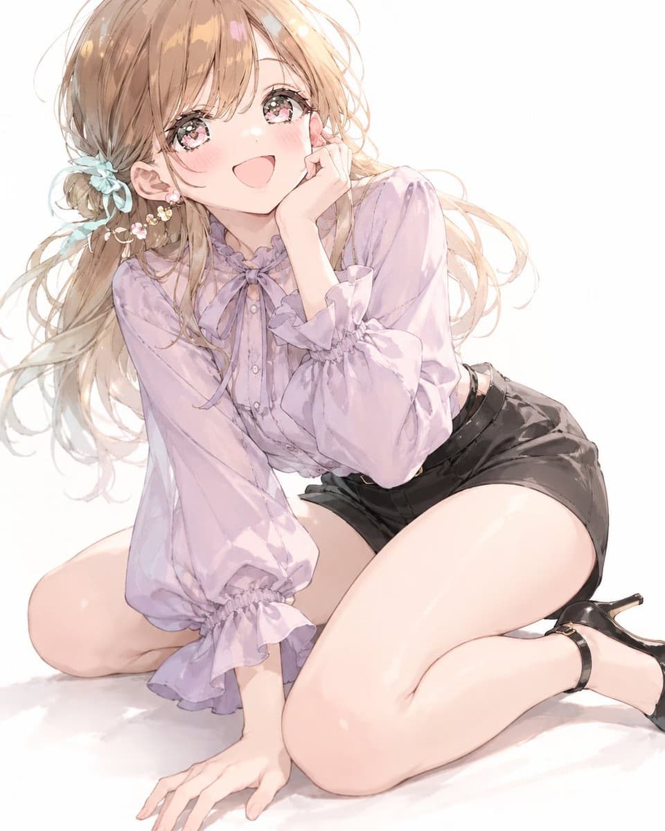 Feminine purple blouse and black shorts fashion