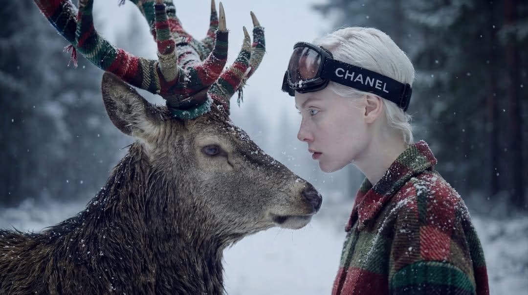Ethereal Woman and Deer in Snowy Forest