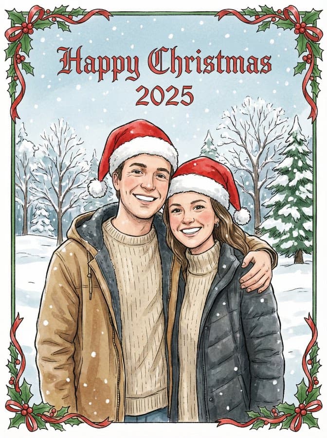 Classic Christmas Card with Couple in Hats