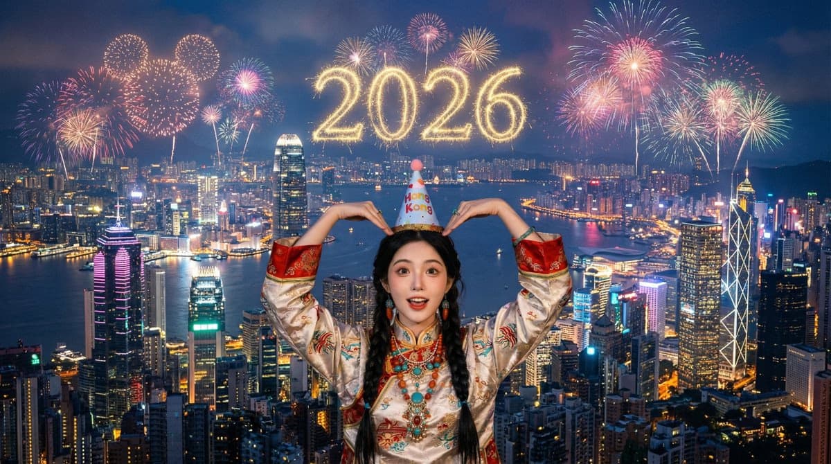 香港天际线庆典中的戴派对帽的孩子