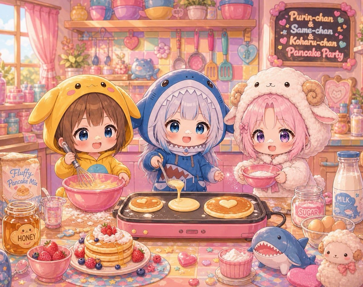 Chibi Girls Making Pancakes in Cozy Kitchen