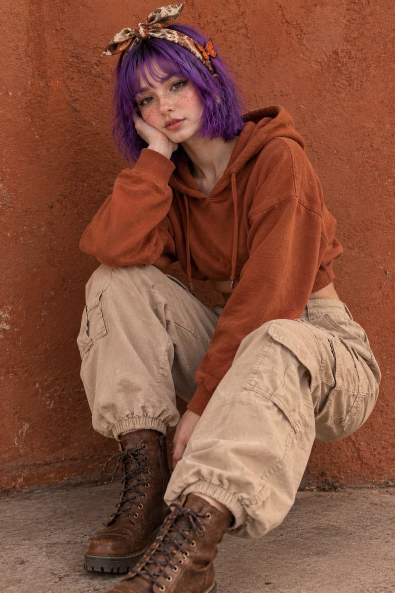Terracotta Fashion Portrait of Violet-Haired Woman