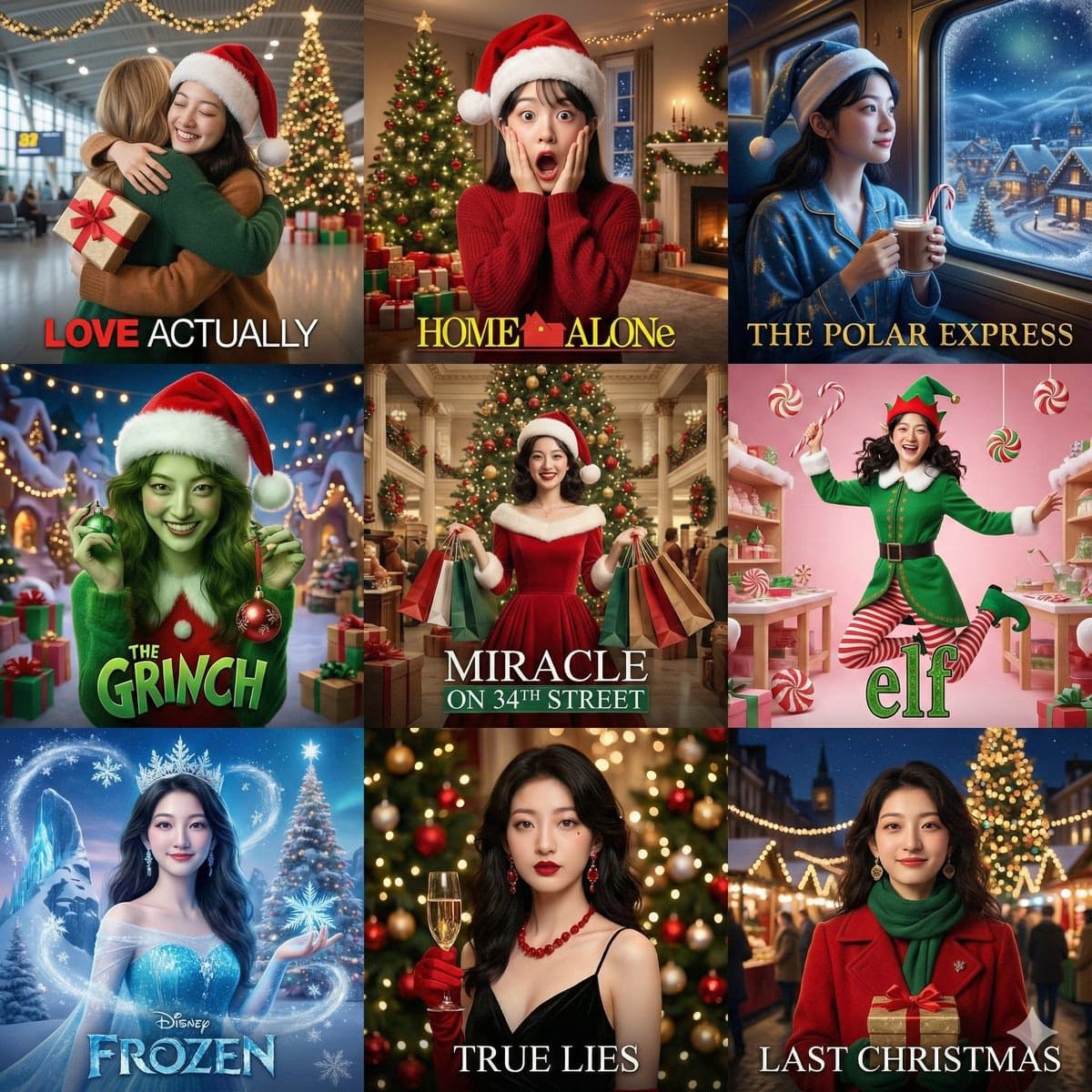 Woman in 9 Christmas Movie Scenes Grid