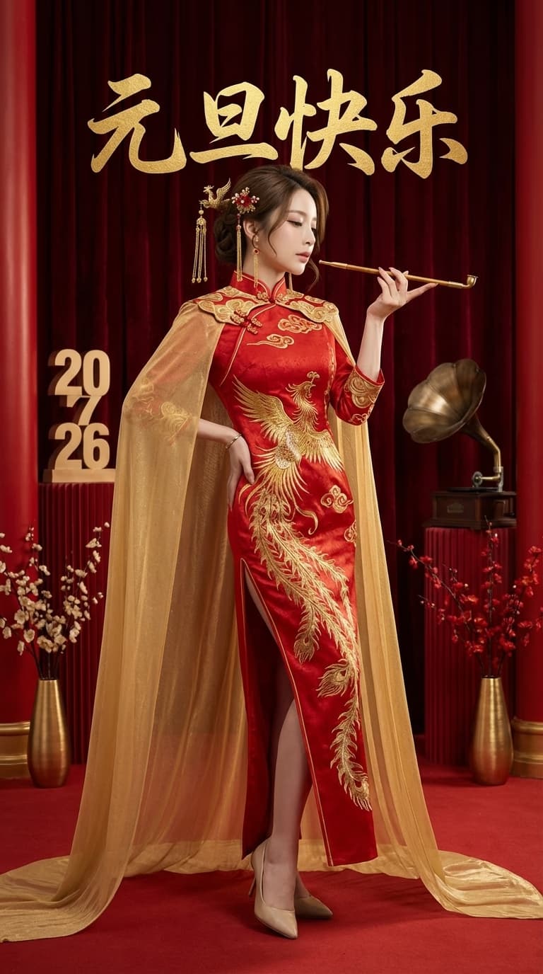 红色旗袍与金色凤凰于红丝绒