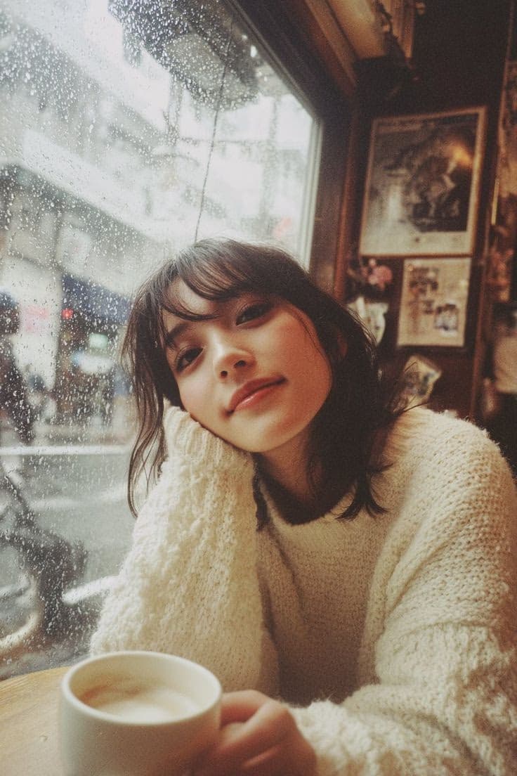 雨天咖啡馆里的年轻女子