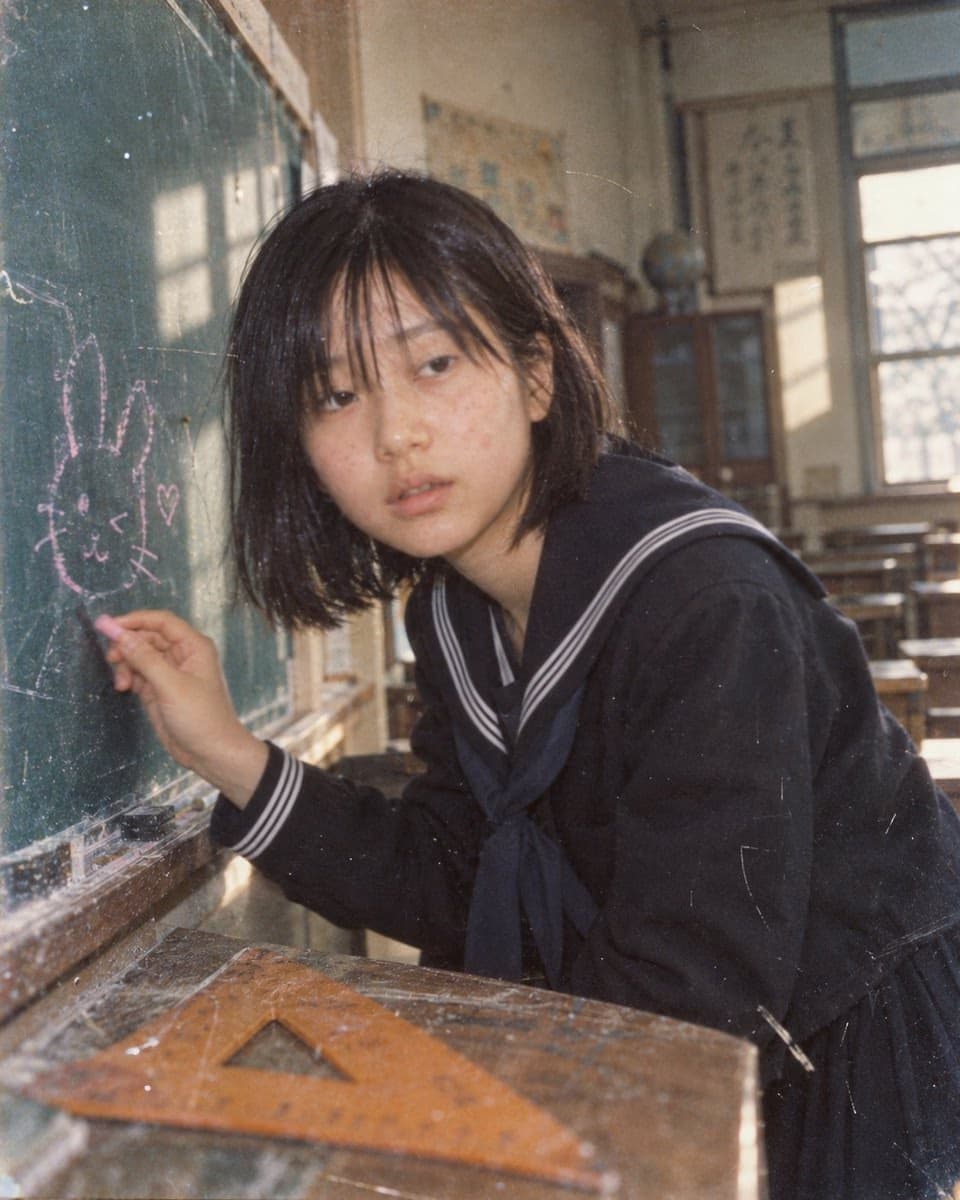 怀旧胶片风格亚洲女学生在教室的肖像