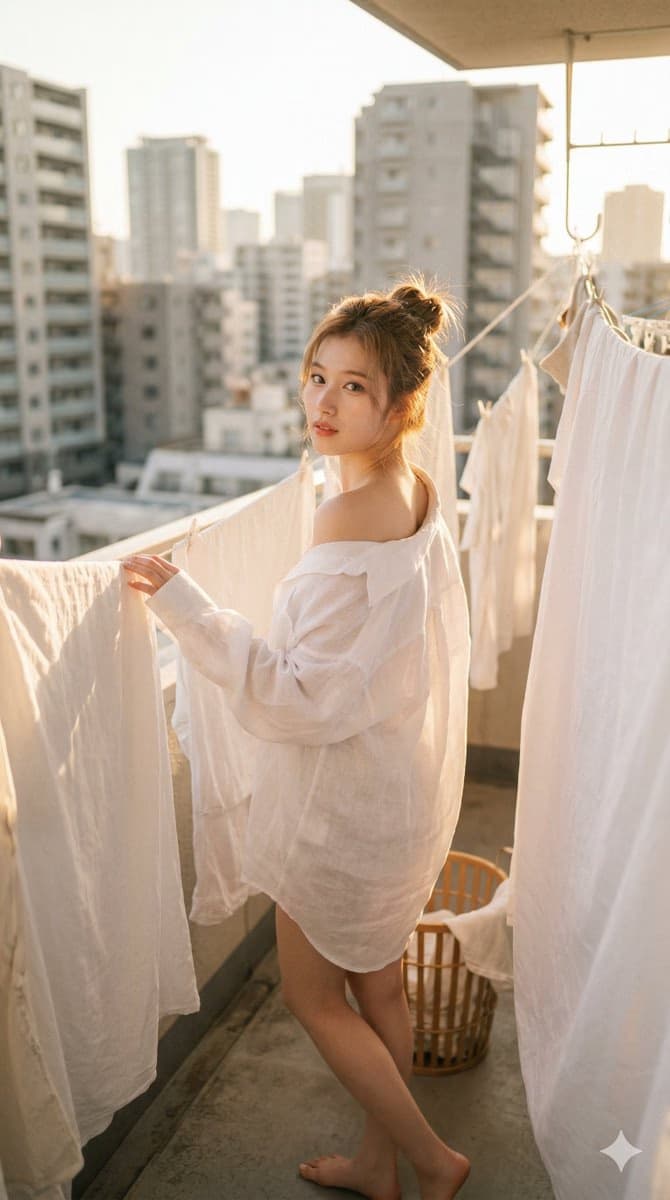 阳光阳台上的Sana与白色衣物