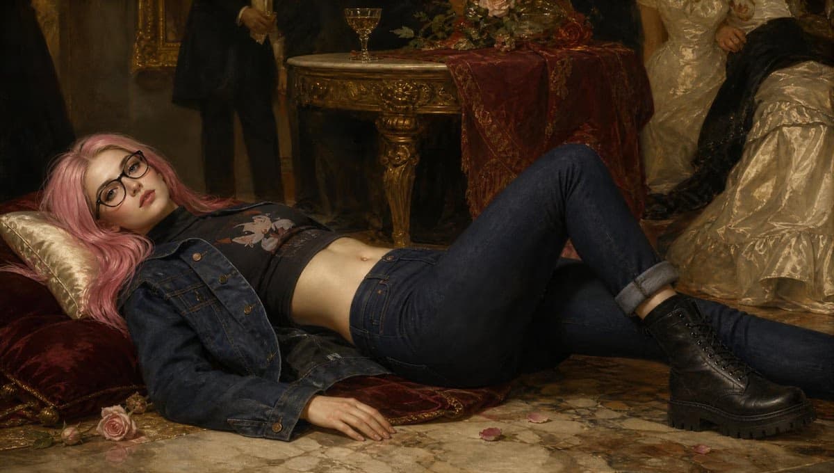 Pink-Haired Woman on Marble Floor