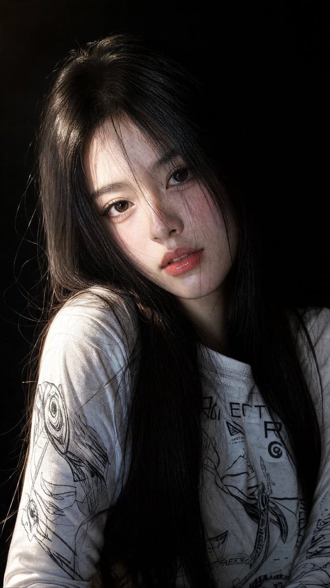 East Asian Woman Portrait in White Graphic Tee
