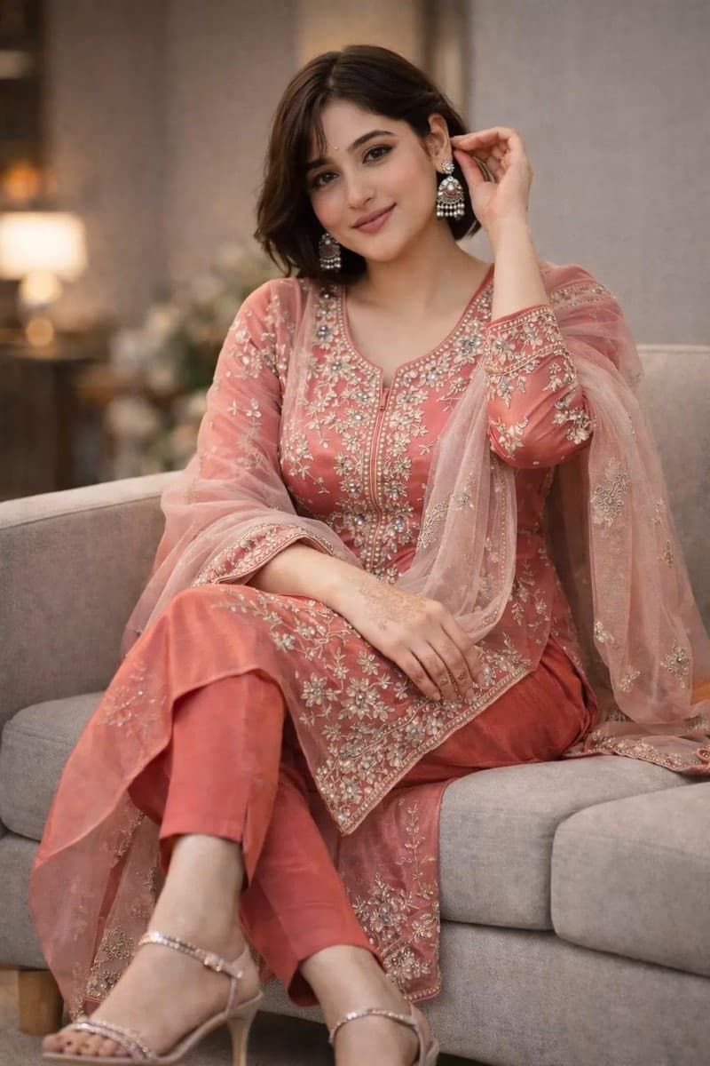 Elegant South Asian Woman in Embroidered Shalwar Kameez