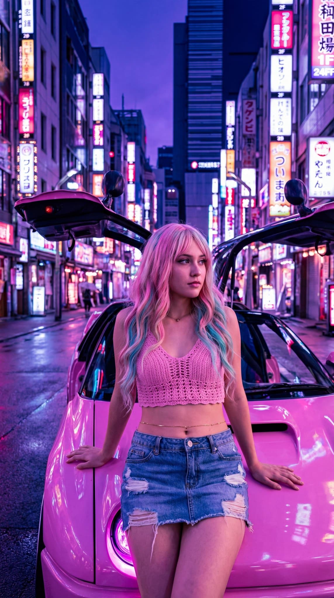 东京夜生活：粉色跑车旁的女人