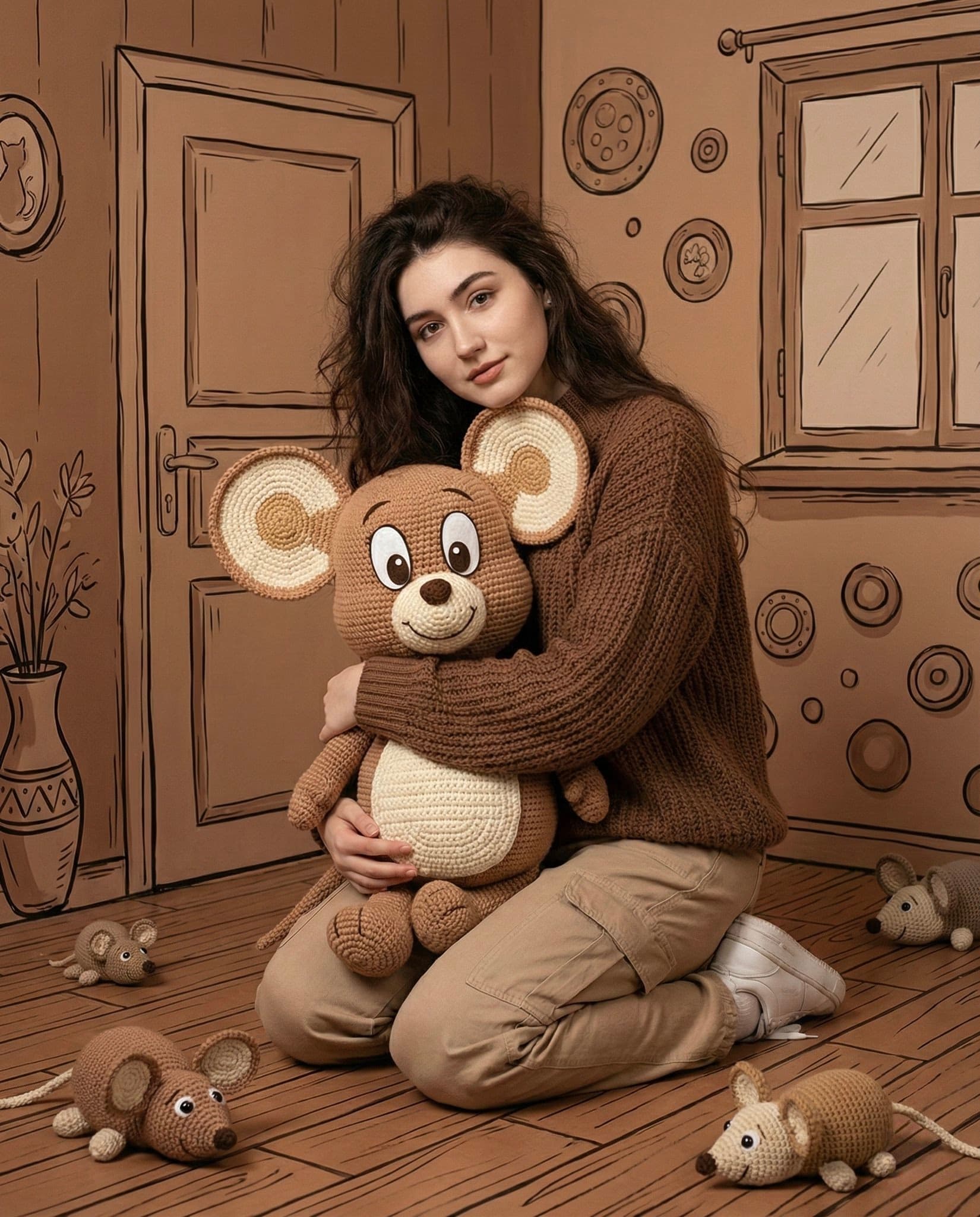 Woman Kneeling with Crocheted Mouse in Brown Room