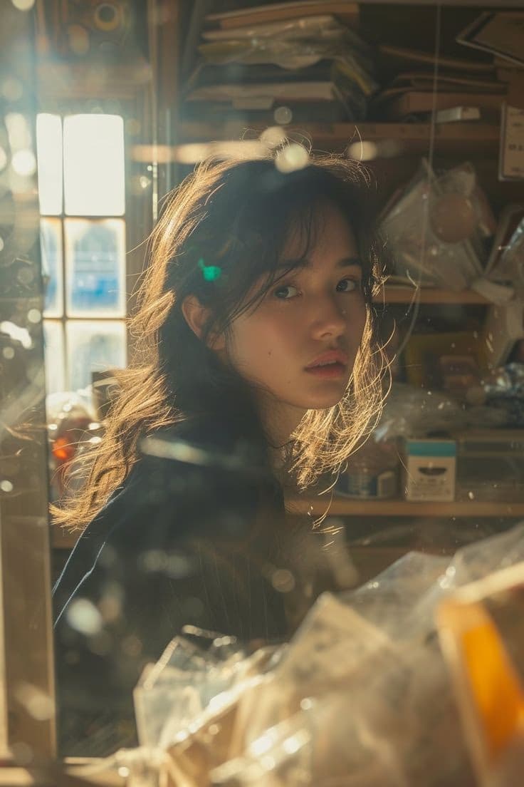 背光女子在杂乱房间中