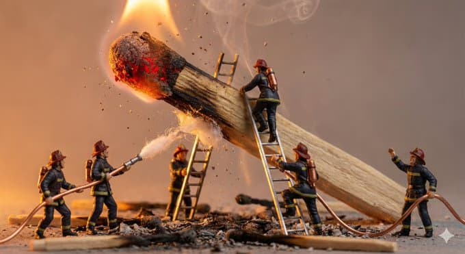 Tiny people fighting giant scissors