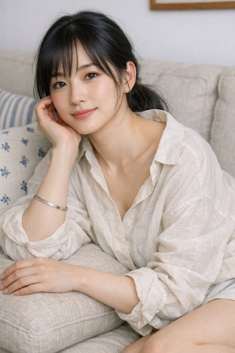 斜倚在米色沙发上的东亚女性